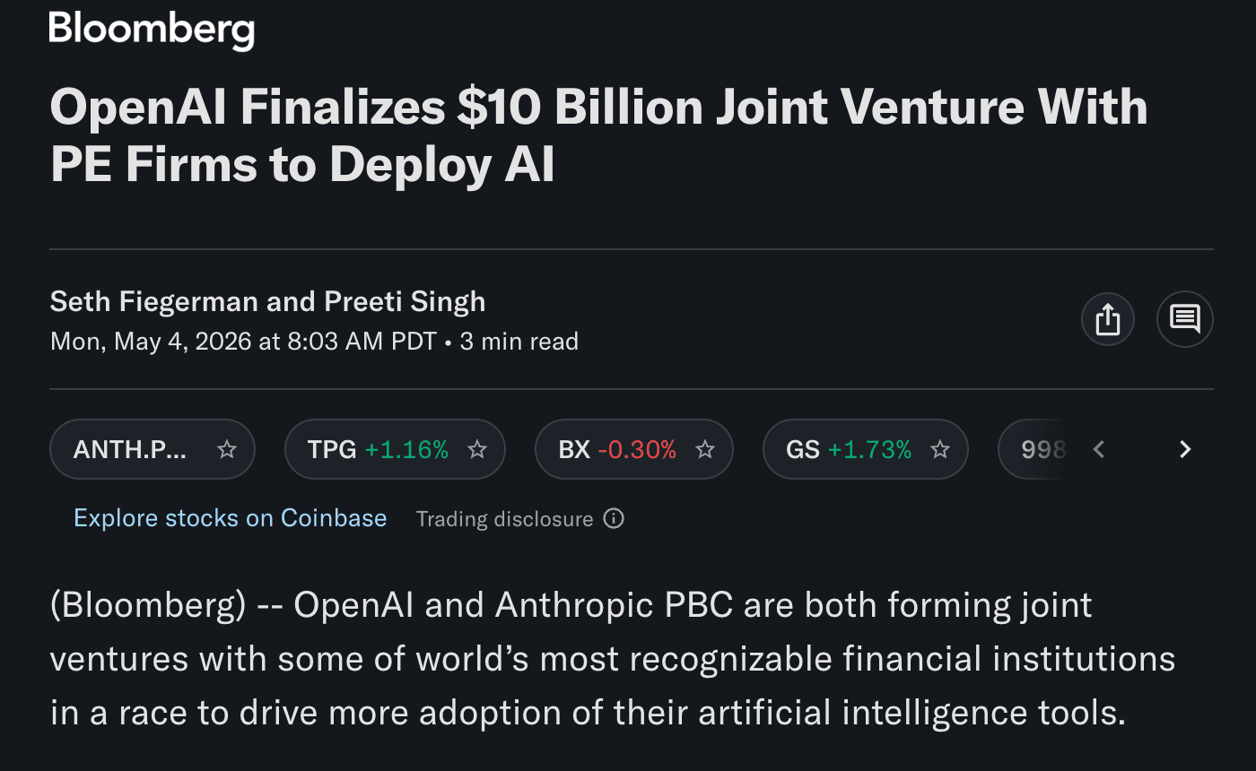 Bloomberg: OpenAI Finalizes $10 Billion Joint Venture With PE Firms to Deploy AI