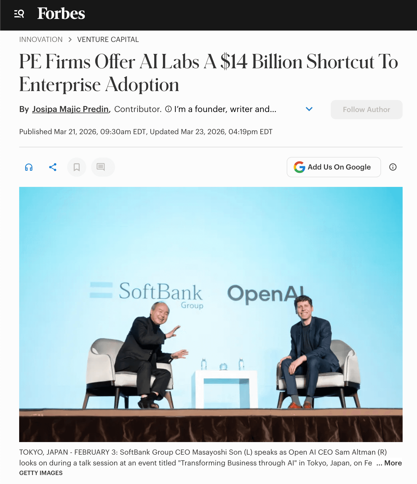 Forbes: PE Firms Offer AI Labs A $14 Billion Shortcut To Enterprise Adoption