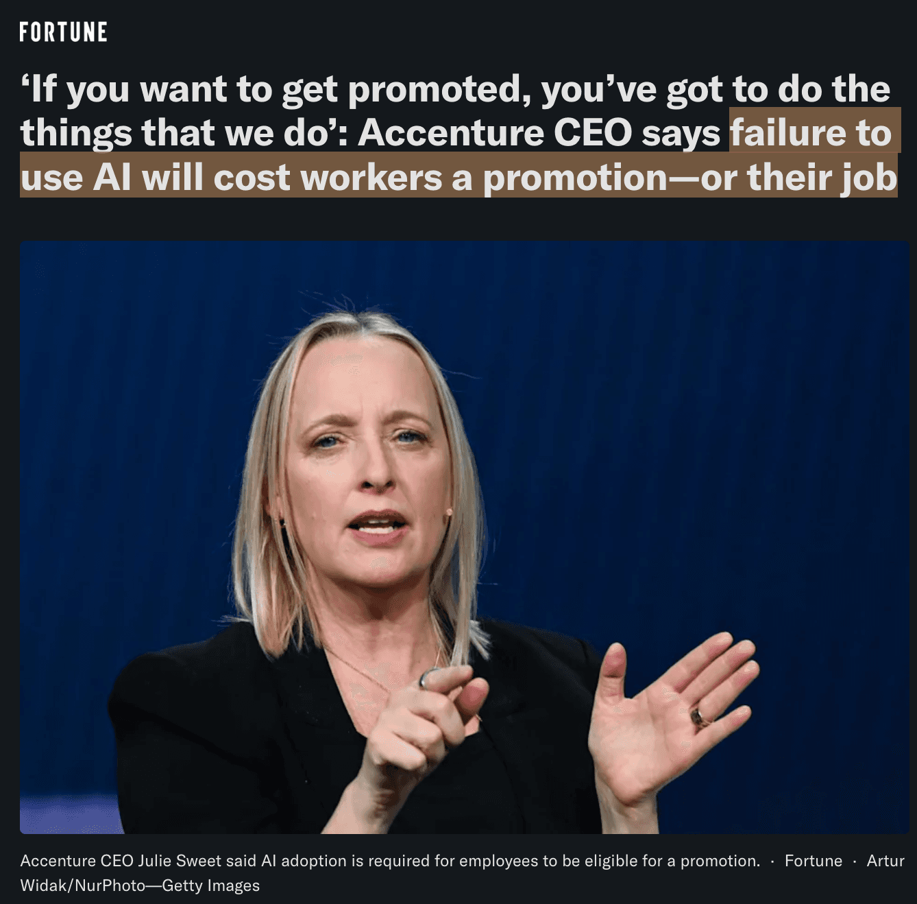 Fortune: Accenture CEO: failure to use AI will cost workers a promotion — or their job