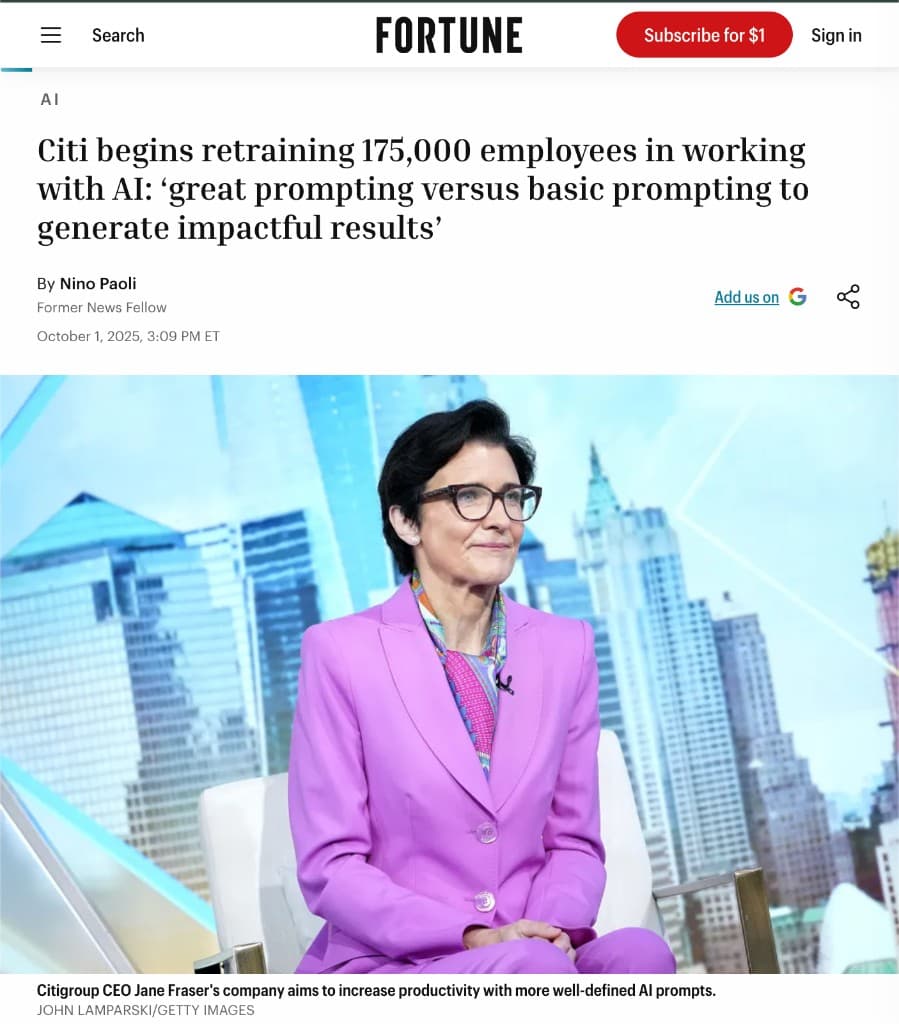 Fortune: Citi begins retraining 175,000 employees in working with AI