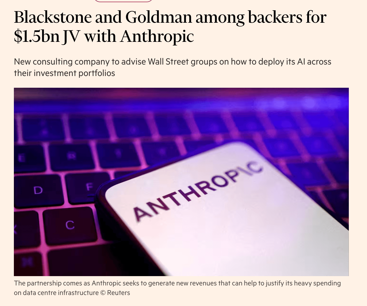 Financial Times: Blackstone and Goldman among backers for $1.5bn JV with Anthropic
