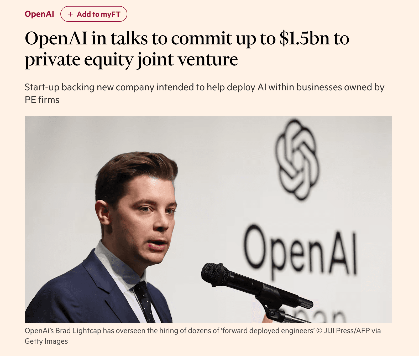 Financial Times: OpenAI in talks to commit up to $1.5bn to private equity joint venture